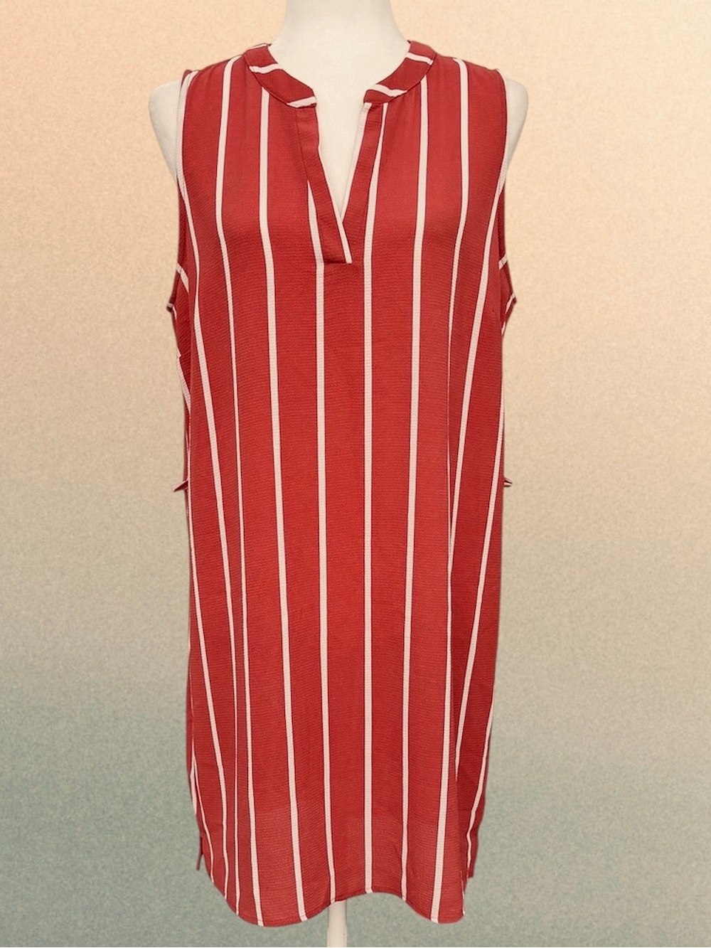Burnt Orange & White Striped Crepe Sleeveless Mini Dress/Tunic Top ~ Women’s L